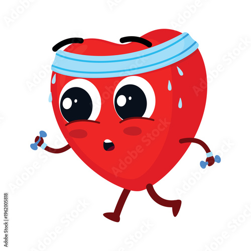 A cartoon character in the shape of a heart runs while wearing a headband and holding dumbbells. Concept for a healthy lifestyle and a healthy heart.