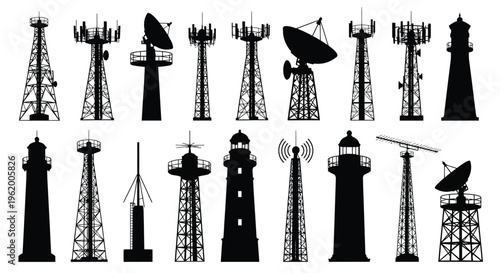 Various communication and navigation towers depicted in black silhouette