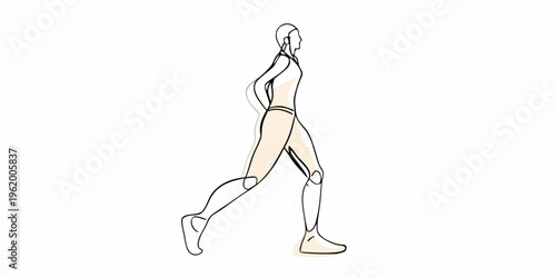 Elegant line drawing depicts a woman confidently walking forward