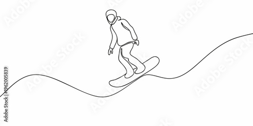 Continuous line drawing of a person snowboarding down a snowy slope