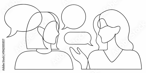 Line art illustration depicting three women engaged in conversation