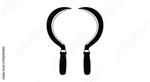 Two black scythes are displayed creating a striking image silhouette