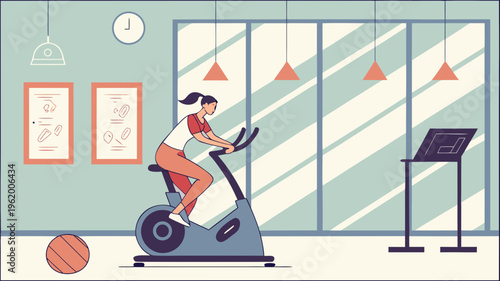 A woman exercises on a stationary bike in a modern gym .vector icons