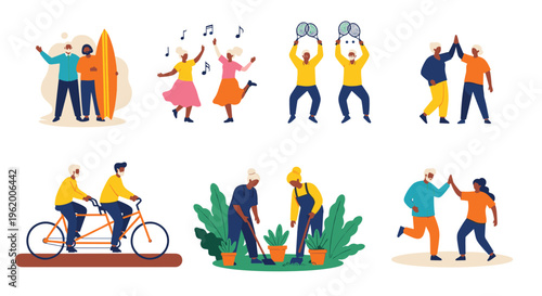 Creative senior hobbies vector set with pottery woodworking and knitting elderly characters on white background