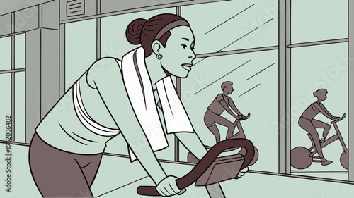 A woman exercises on a stationary bike in a modern gym .vector icons
