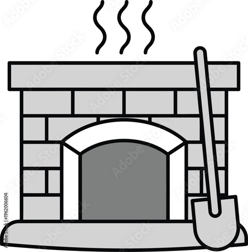 Vector illustration of a fireplace with a shovel, featuring a brick structure and smoke rising from the top, depicted in a simple graphic design