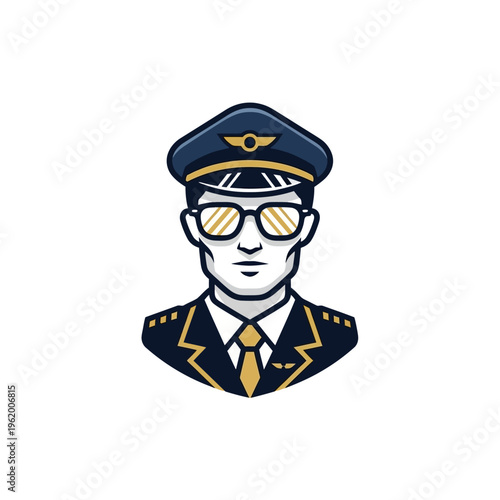 Professional airline pilot wearing uniform and aviator sunglasses.