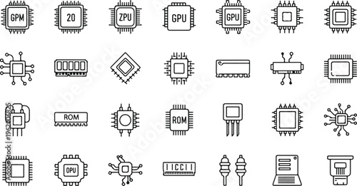 collection of black and white electronic and computer component icons on white background