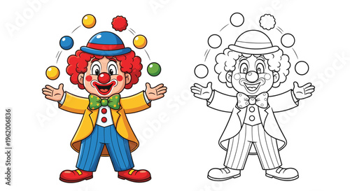 Cute cartoon clown character mascot vector set with juggling balancing and performance poses for children illustration