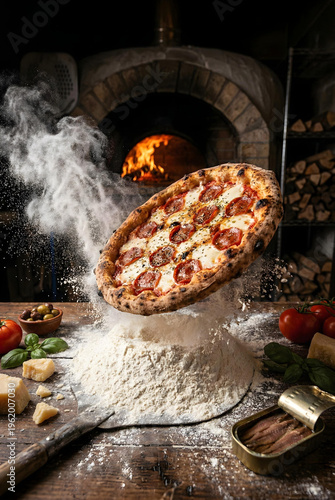 Pizza artesanal napolitana, na pizzaria rustica, com forno ao fundo