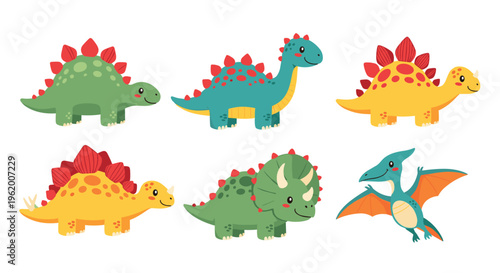 Cute jungle dinosaur vector set with T-Rex Brachiosaurus and Stegosaurus nursery characters on white background