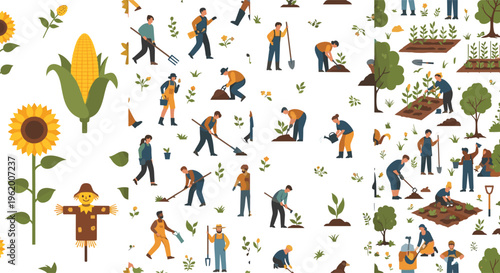 Farmers and agriculture activities seamless pattern with planting, harvesting, gardening and rural lifestyle scenes flat vector illustration
