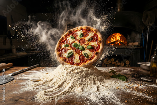 Pizza artesanal napolitana, na pizzaria rustica, com forno ao fundo