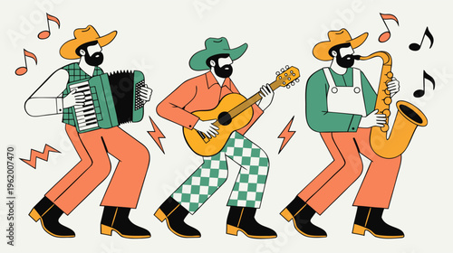Cartoon musicians band playing live music, modern flat design illustration with instruments and rhythm.
