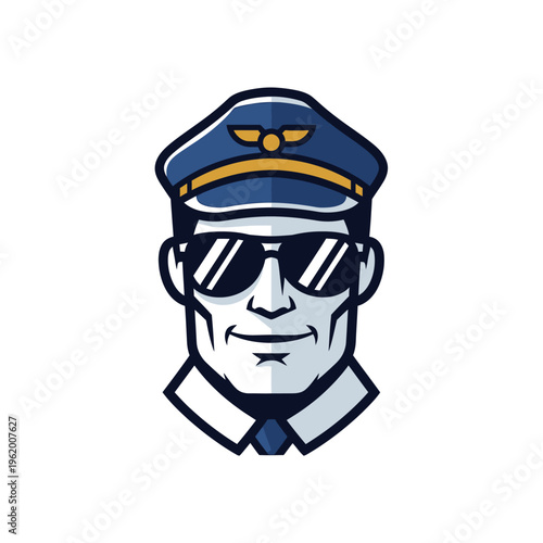 Professional pilot wearing classic uniform hat and aviator sunglasses illustration.