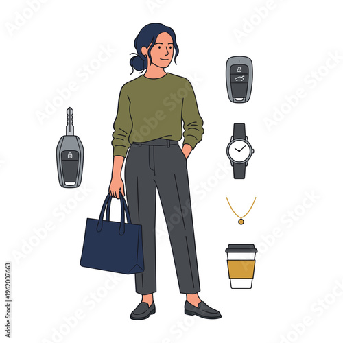 Woman holds bag near car keys and wears watch with coffee and jewelry
