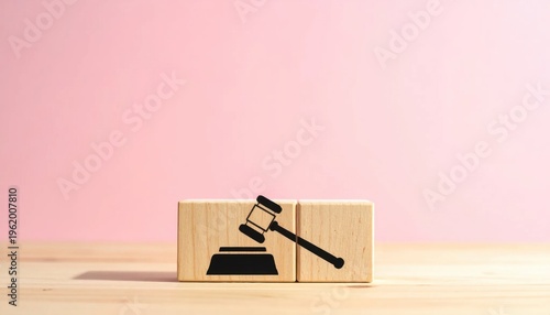 Justice concept with a gavel icon on wooden blocks against a soft pink background and wooden surface lighting in a studio setting symbolizing legal judgment fairness and law