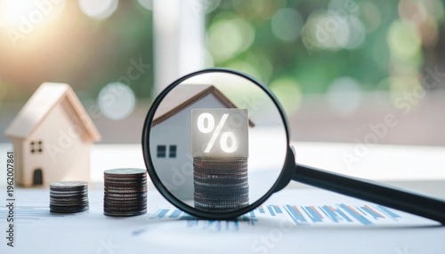 Magnifying glass on house model with percentage symbol on stacked coins and financial charts symbolizing real estate investment growth and interest rates in soft natural light