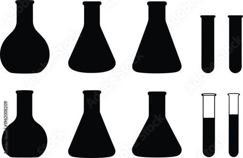 Black silhouettes of various laboratory glassware on white background beakers flasks test tubes