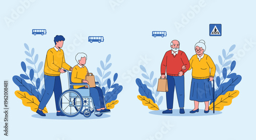 Elderly care vector set with professional nurse helping senior man and medical doctor consultation on white background