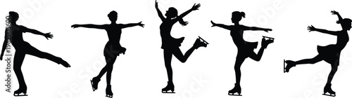 Set of five professional figure skaters silhouettes performing jumps and graceful poses in elegant costumes isolated on white background vector