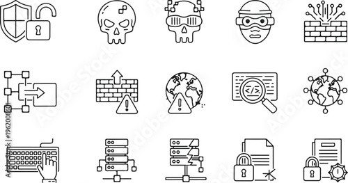 flat design cybersecurity and data protection icons set with hacker, shield, and digital threats