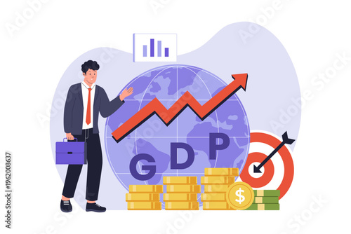 Gross Domestic Product GDP Economic Growth Illustration. Businessman pointing at a rising red arrow over a globe and GDP letters, symbolizing national economic output, growth, and domestic production