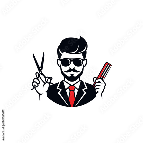 Stylish Barber with Scissors and Comb Logo Design.