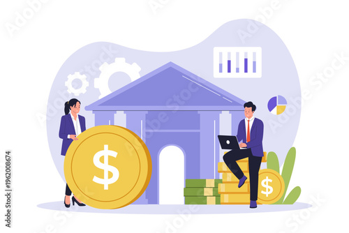 Monetary Policy and Central Bank Financial Management. Professionals working in front of a bank building, representing monetary policy, currency regulation, and central bank operations