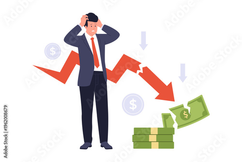 Economic Recession and Financial Market Crash Illustration. Devastated businessman a broken red arrow falling over stacks of cash, symbolizing economic downturn, recession, and market collapse