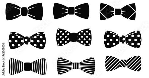 bow tie silhouettes set, classic menswear accessories collection, black and white patterned bowties, elegant formal fashion icons, stylish clothing elements, clean vector illustration isolated on whit
