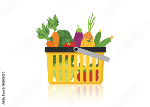 Shopping yellow basket with vegetables isolated on white background. Shopping, healthy food, delivery concepts. Vector flat clipart.