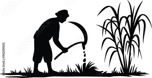 Silhouette of farmer harvesting crops with sickle in field, traditional agriculture labor scene showing manual work, farming lifestyle outdoors