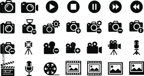 Set of flat design black and white photography and video icons on white background