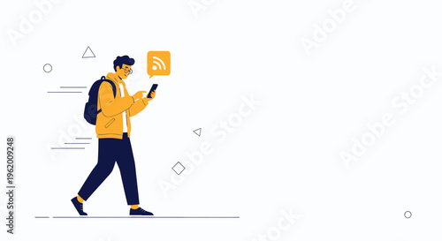 Man with Backpack Using Smartphone with RSS Feed Icon, Walking