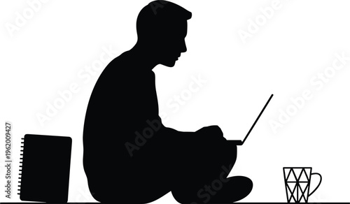 Silhouette person cross legged with laptop, spiral notebook and coffee cup, remote work online study digital learning vector illustration design