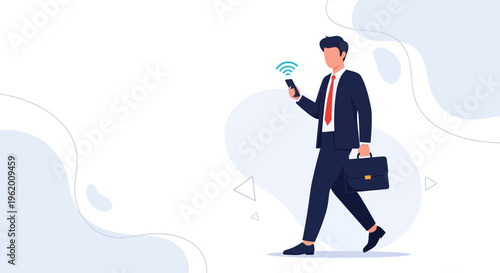 Businessman walking with phone and briefcase, wifi signal, modern business concept