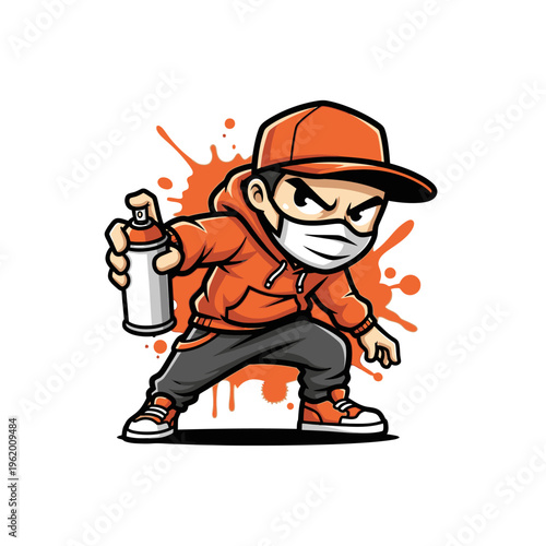 Young graffiti artist in mask and cap holding spray can.