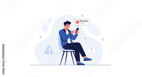 Man with smartphone gets payment notification with error icon, online transaction issues