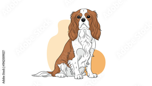 Cavalier king charles spaniel dog sitting gracefully against a simple abstract orange background in a hand drawn art style.
