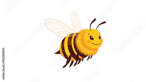 Cheerful cartoon bumblebee with a smiling face and large wings flying through the air, cute insect character illustration.