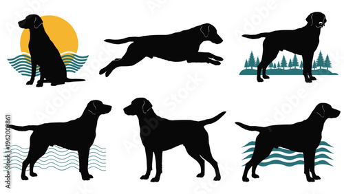 Series of black silhouettes representing a labrador retriever dog in different active poses with nature themed backgrounds.