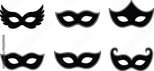 Black masquerade masks with white outlines on white background