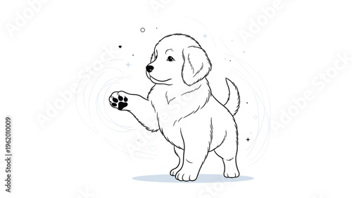 Delicate line art drawing of a golden retriever puppy sitting down and waving its paw with decorative sparkles and swirls in the background.