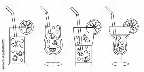 Line art illustration of four refreshing drinks with lemon slices