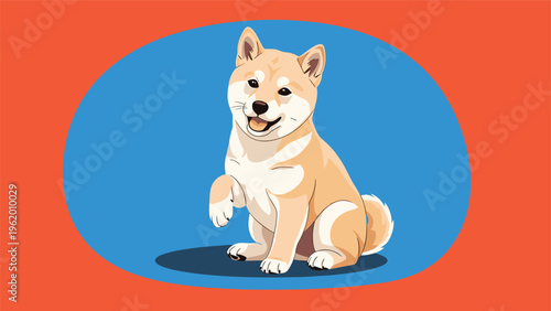 Cheerful shiba inu dog sitting and waving its paw with a happy smile against a vibrant orange and blue circular background design.