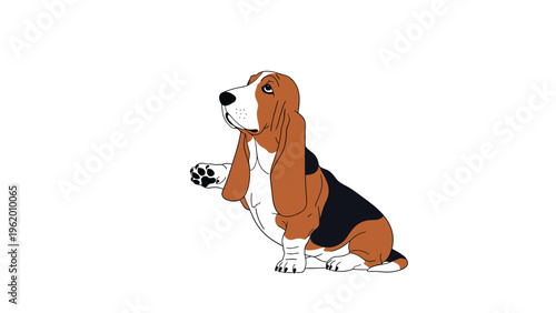Cute basset hound dog sitting and looking up with one paw raised in a friendly greeting, depicted in a colorful cartoon style.