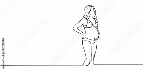 Continuous line drawing of a pregnant woman in a bikini