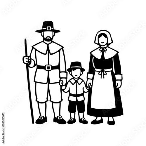 Logotipo con dibujo sencillo con líneas de una familia con un hijo, con ropa de peregrino histórico, para el Día de Acción de Gracias