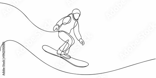 A single line drawing depicts a person snowboarding down a slope